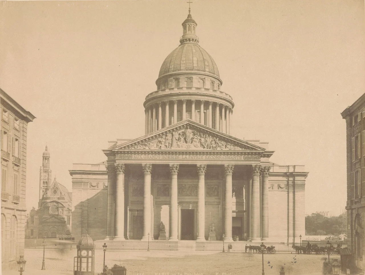 The Panthéon in Paris from Place du Panthéon: columned portico, sculpted pediment and the dome rising behind, photographed in the 19th century