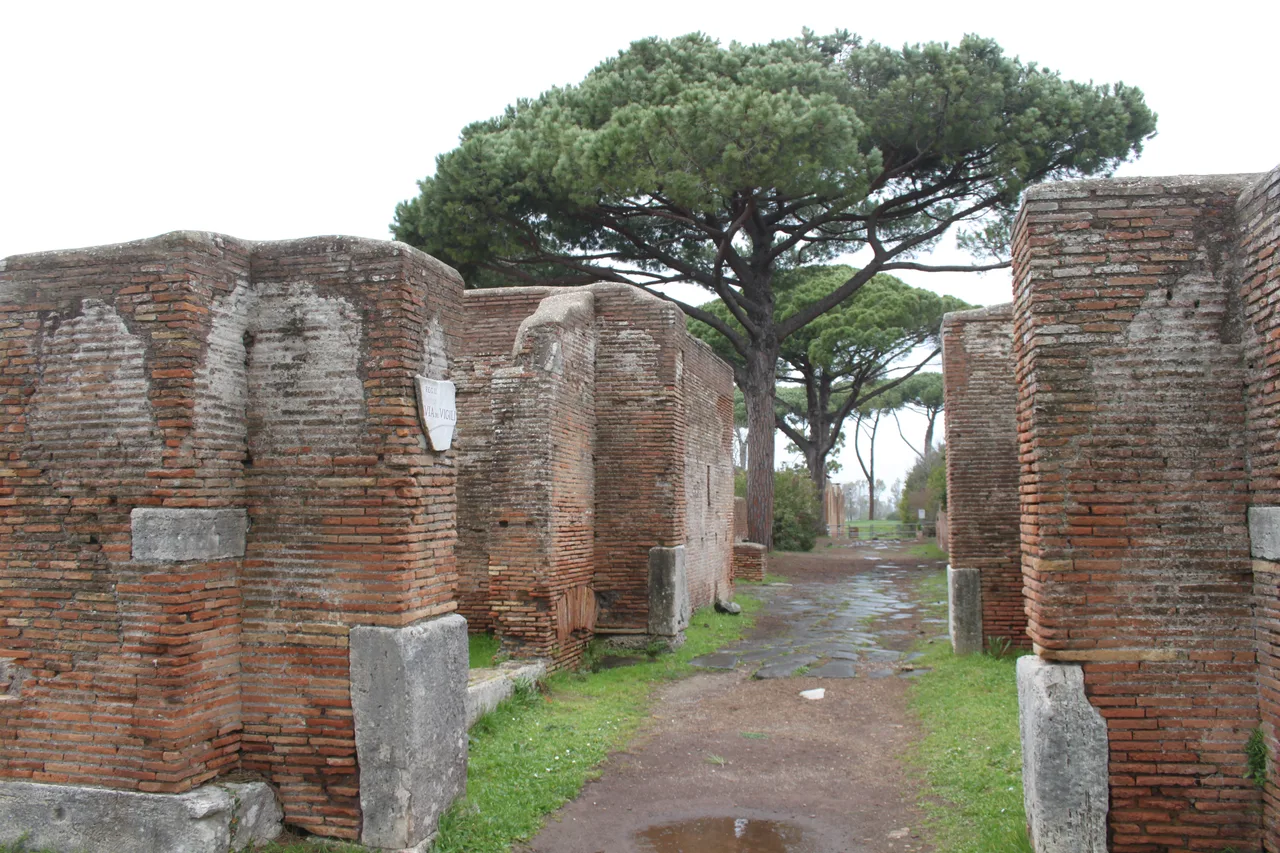 Ancient streets and ruins at the archaeological site of Ostia Antica
